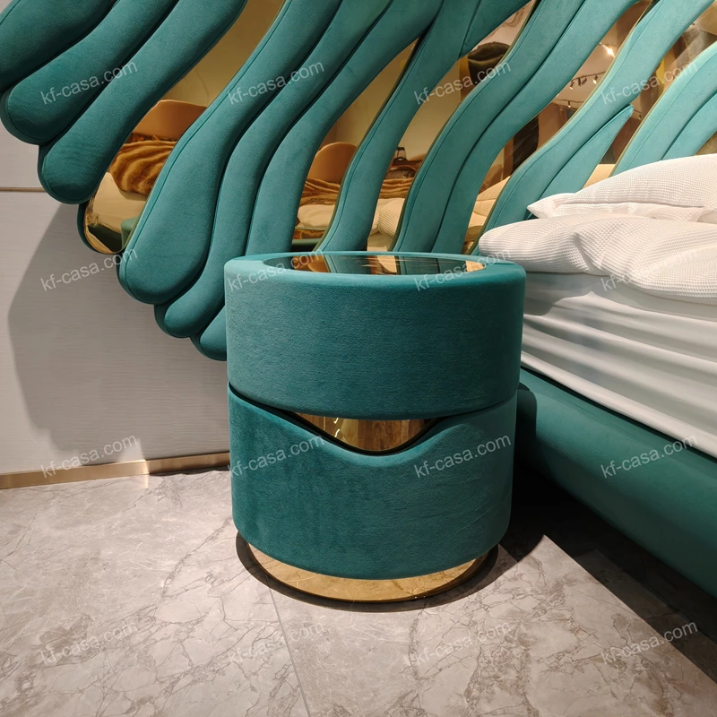 Green Velvet Cylindrical Nightstand with Gold Mirror Stainless Steel Top & Rotating Storage